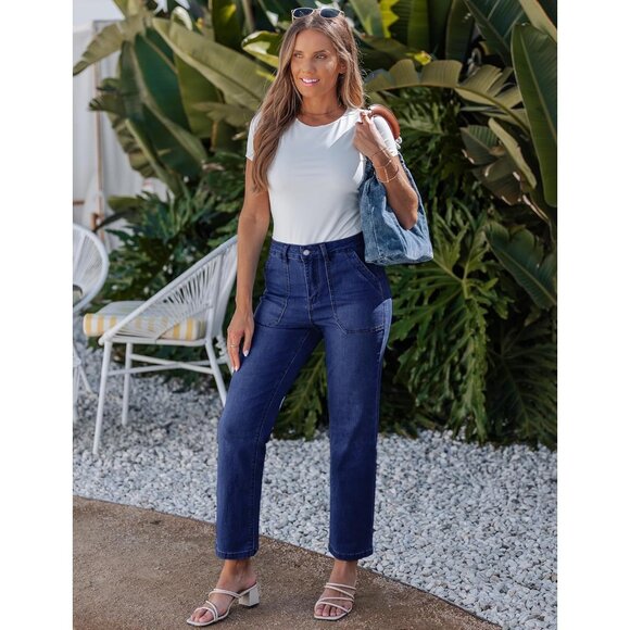 Women Straight Leg Jeans High Waisted Stretchy Denim Ankle Length Pockets - Picture 6 of 8